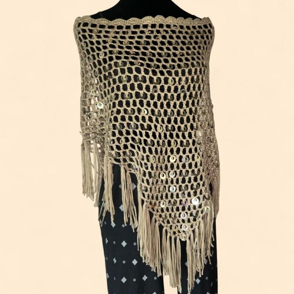 Crochet Fringe Sequin Poncho Boho Festival Open Knit Top